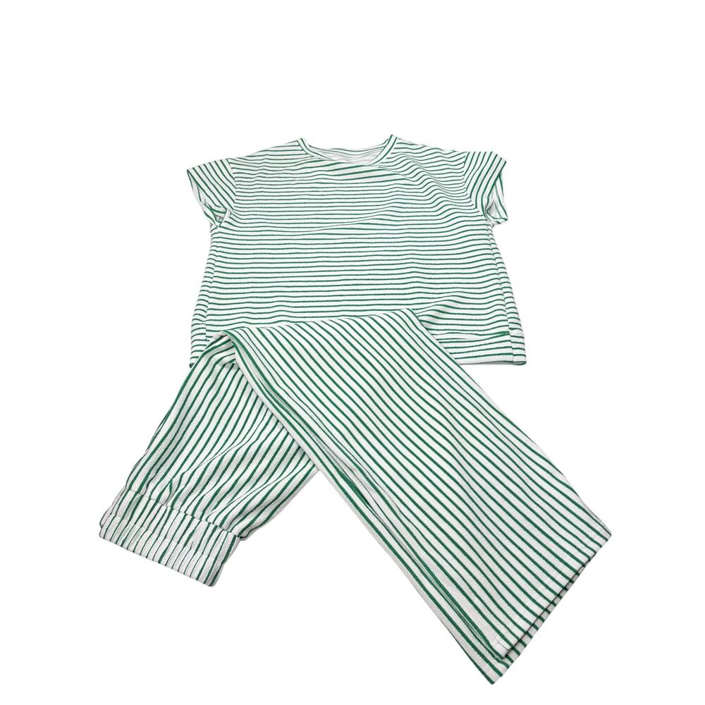 Womens green white striped terry cloth set. Size M. short sleeve, wide leg pants
